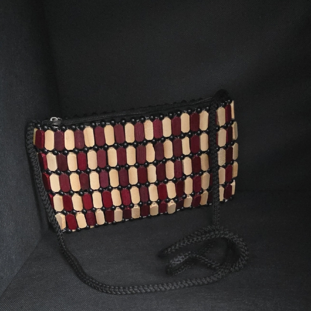 African Wooden Square Crossbody Purse in Natural and Burgundy - Picture 3 of 9